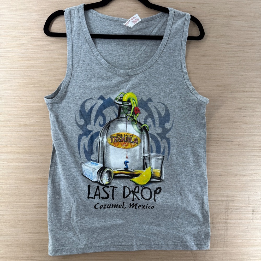 VTG Euro Cotton Last Drop Cozumel Mexico Tequila Graphic Tank Top Gray Mens SM